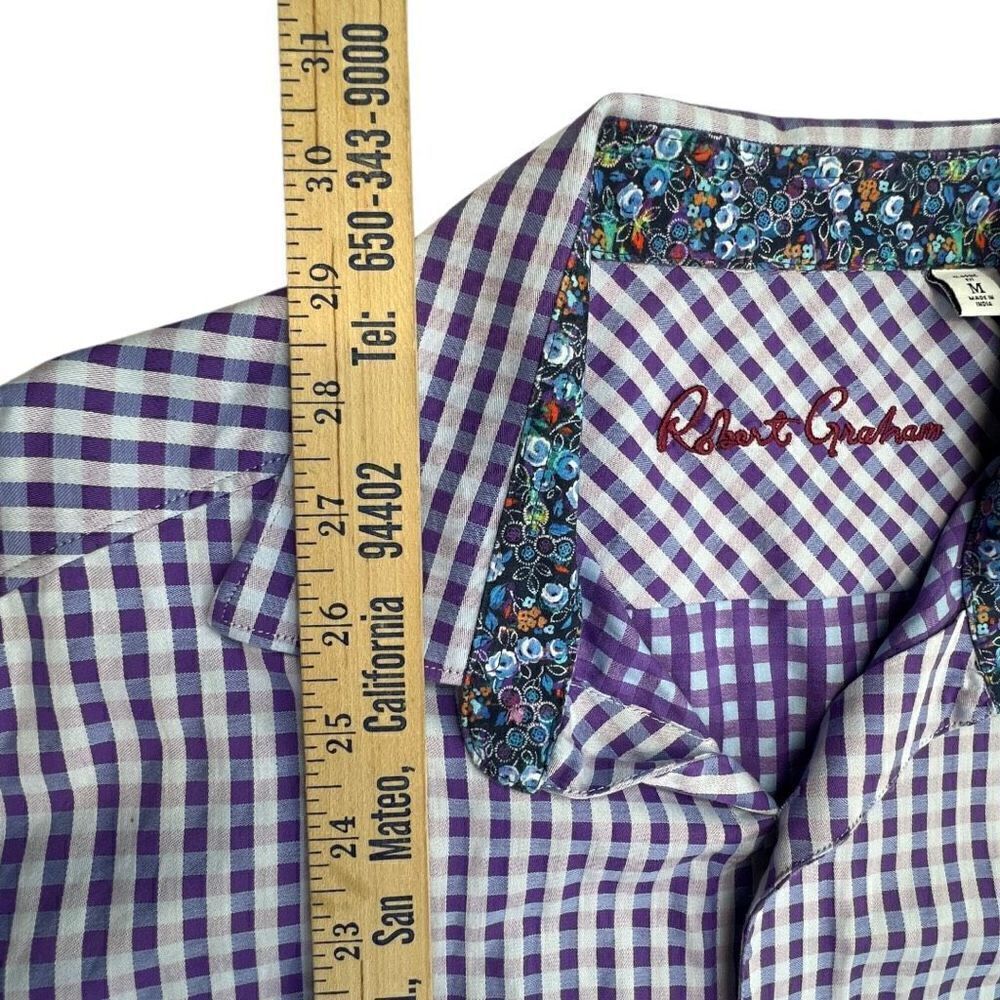 Robert Graham Men's Plaid Check Classic Fit Button-Up Shirt Purple White Medium - Picture 6 of 10